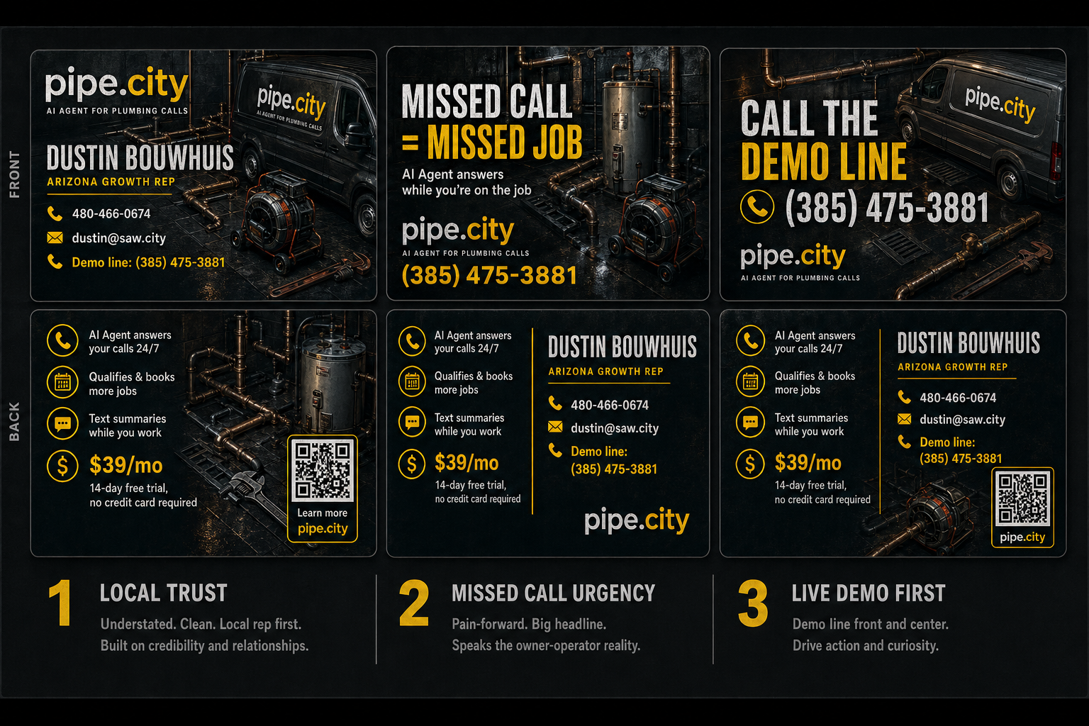 Dustin Bouwhuis pipe.city imagegen-native three-concept business card proof sheet